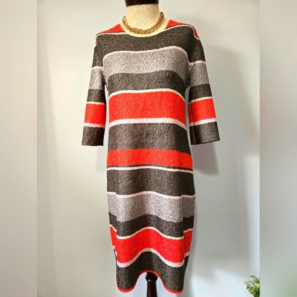 Riani Crepe Style Striped Orange And Grey Midi Dress. Size 10